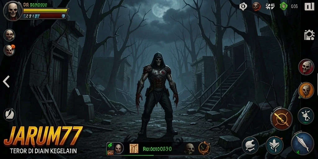 Screenshot gameplay yang memperlihatkan suasana horor mencekam di JARUM77.