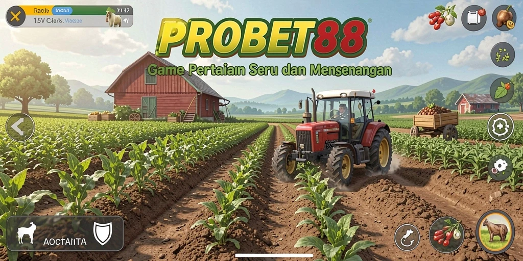 Screenshot PROBET88 menampilkan ladang subur dan aktivitas pertanian yang seru.