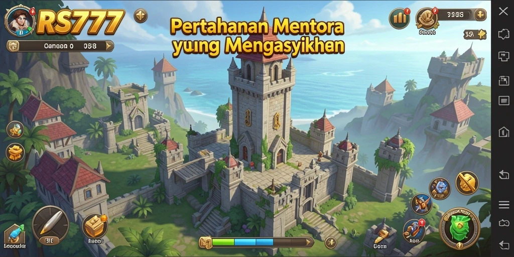 Tampilan gameplay menegangkan di RS777, pertahanan menara melawan musuh.