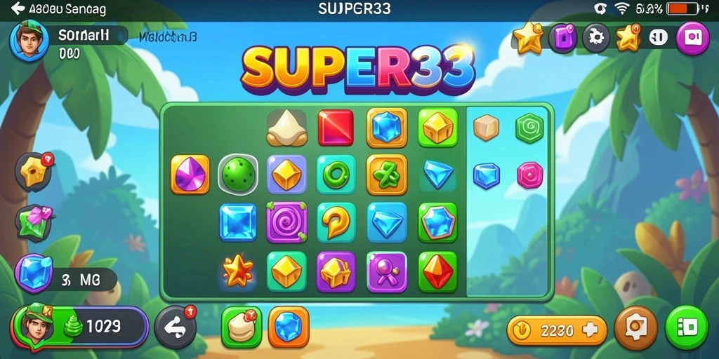 Tampilan gameplay SUPER33 dengan berbagai permata berwarna-warni yang memukau.